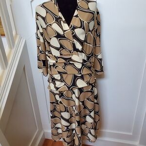 Geometric Print V Neck Pleated Ruched Gathered Waist Dress